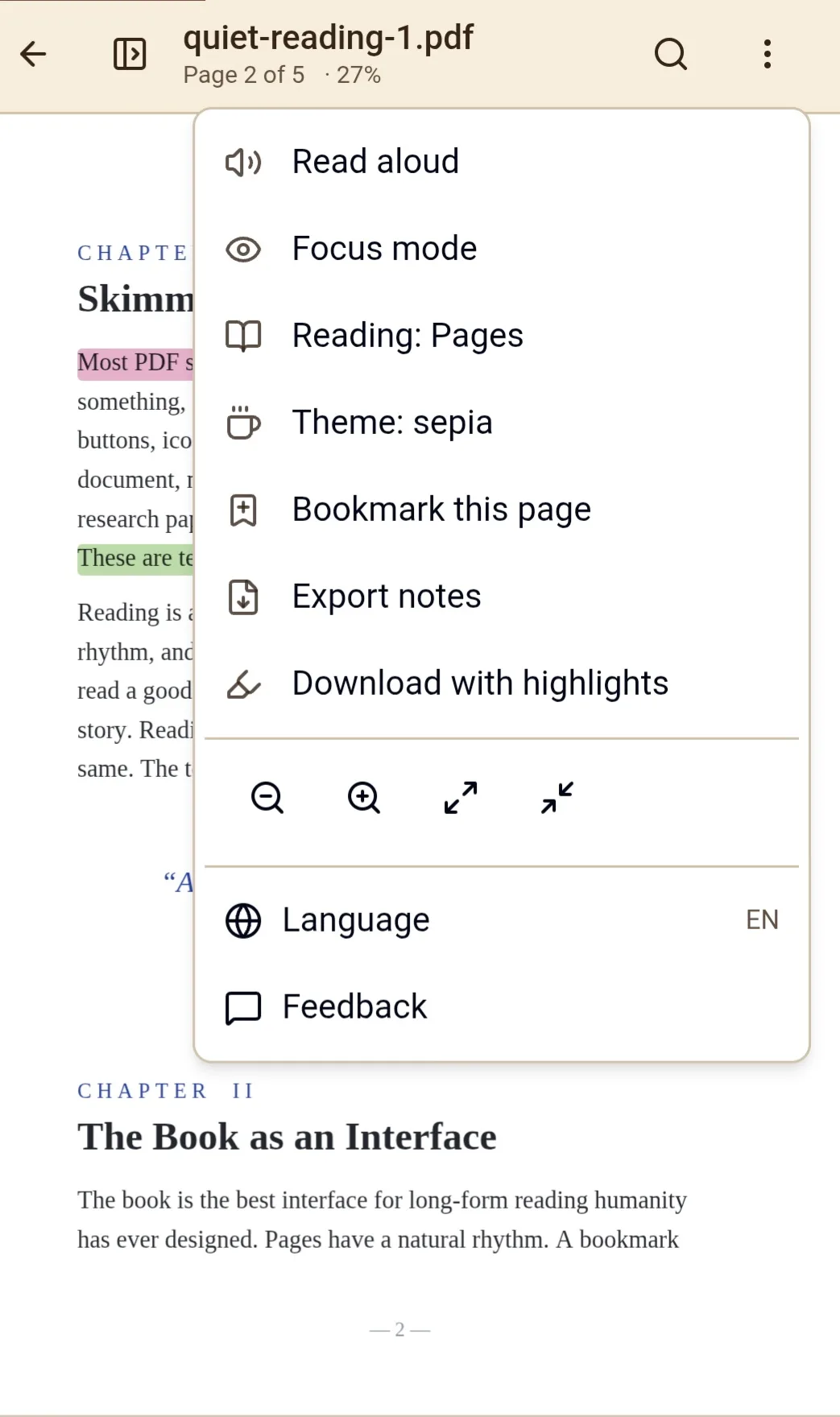 PDFcove reader menu with reading, theme and language options